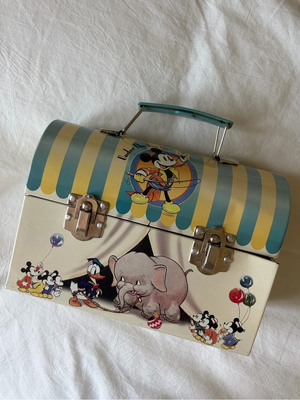Disney Blue and Cream Striped Metal Kids Lunchbox with Mickey Mouse